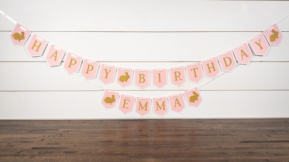 Pink and Gold Personalized Bunny Happy Birthday Banner
