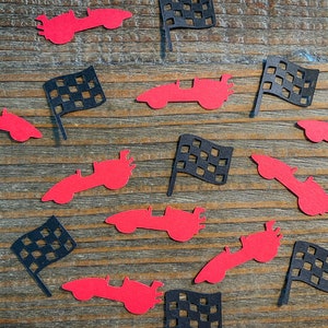 Red Race Car and Black Checkered Flag Race Car Birthday Party Confetti