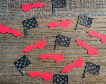 Verjaardagsconfetti raceauto: rode auto's en geblokte vlaggen