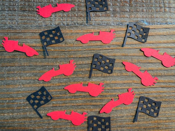 Race Car Birthday Confetti: Red Cars & Checkered Flags