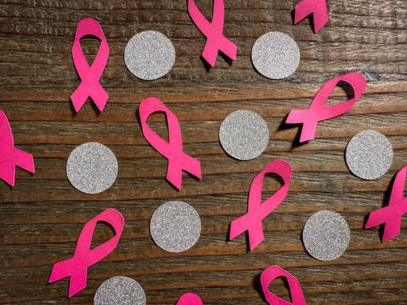Bright Pink Ribbon and Silver Circle Breast Cancer Awareness Confetti