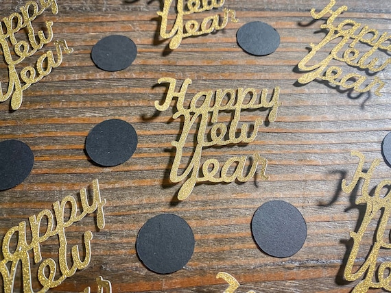 Glitter Gold Happy New Year Confetti with Black Circles