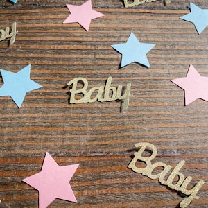 Confeti para revelar el género del bebé con estrellas rosas y azules. Baby Shower Twinkle Twinkle Little Star o revelación de género.