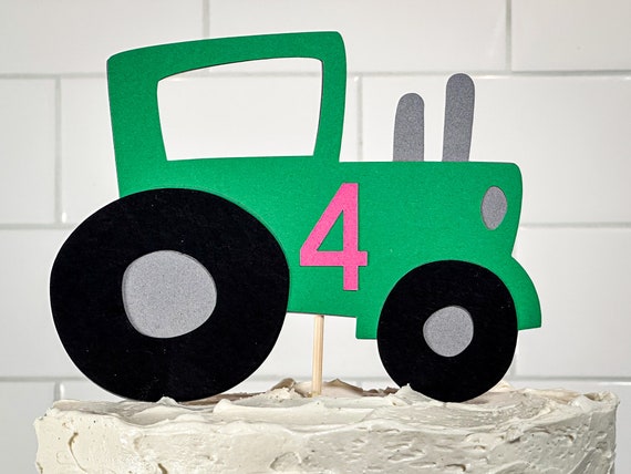 Green and Pink Tractor Personalized Birthday Cake Topper