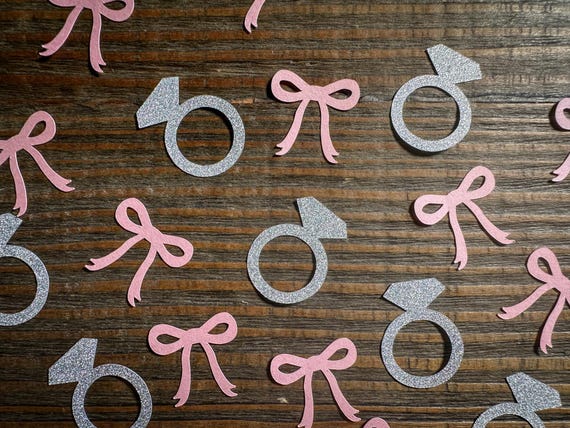 Pink Bow She's Tying the Knot Bridal Shower Confetti with Silver Rings, Bachelorette Party