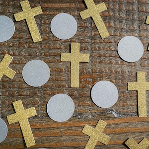 Dark Gray Circle and Plain Gold Cross Baptism First Communion Confetti