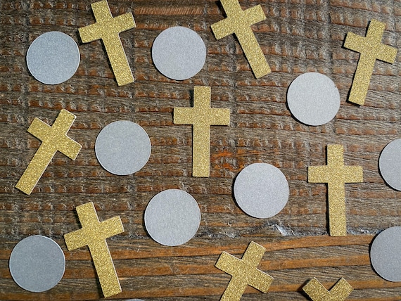Dark Gray Circle and Plain Gold Cross Baptism First Communion Confetti
