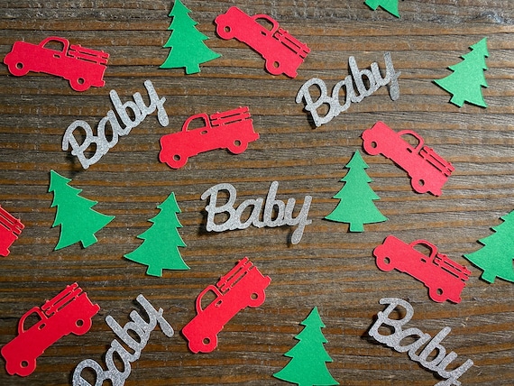 Red Truck, Christmas Tree and Silver Baby Shower Confetti