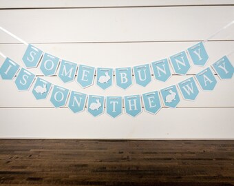 Blue and White Somebunny is On the Way Bunny Themed Baby Shower Banner