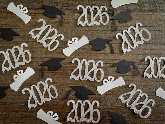 Silver 2026 Graduation Cap and Diploma Graduation Confetti