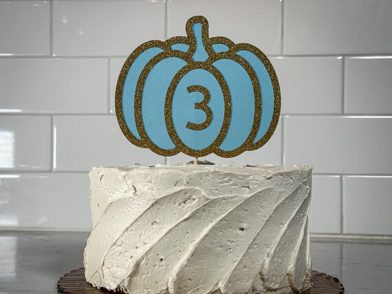 Personalized Age Pumpkin Birthday Party Cake Topper Blue and Gold