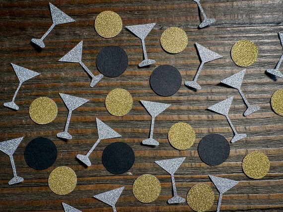 Silver Martini Glass Confetti with Gold and Black Circles