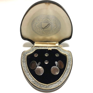 Krementz Art Deco Abalone with Platinum Inlay Rims and Gold Tuxedo Stud Set with Matching Cufflinks in Gift Box