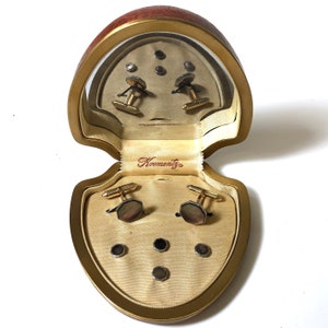 Krementz Art Deco Gold and Abalone with Platinum Inlay Rims Tuxedo Stud Set with Matching Cufflinks in Original Box 1930s