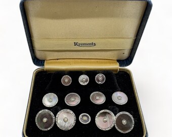 Krementz Art Deco 1940's Chrome & Mother of Pearl and Pearl 4 Tuxedo Shirt Studs 4 Vest Studs with Matching Double-sided Cufflinks in Box