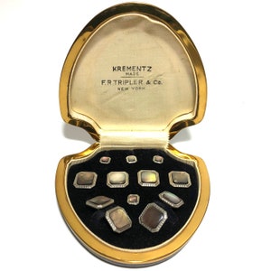 Krementz Art Deco goud en abalone met platina ingelegde velgen, complete smokingknopenset met bijpassende manchetknopen in originele doos