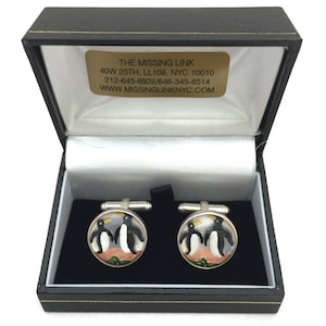 Vintage Reverse Carved Hand Painted Glass Penguin Crystal Style Pair Sterling Silver Cufflinks with Box