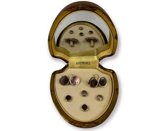 Art Deco 1930's Krementz Abalone and Gold Filled 4 Stud Set with Matching Double Sided Cufflinks in Original Box Wedding Gifts