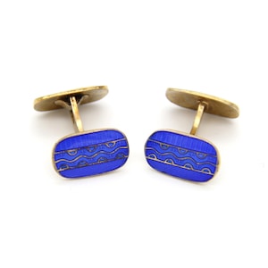 Retro 1940s Norwegian Gold Sterling Silver Blue Enamel Cufflinks Scandinavian Art Deco Wedding Men Gifts Fathers European Fashion Jewelry