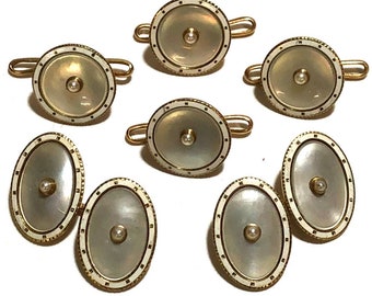 Art Deco 14k Gold and White Enamel with Pearl and Mother Of Pearl Stud Set with Matching Cufflinks in Gift Box