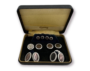 Correct Art Deco Gold Filled with Enamel and Abalone 4 Tuxedo Shirt Studs 4 Vest Studs with Matching Double Sided Cufflinks in Original Box