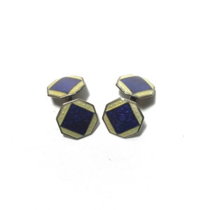 Art Deco Sterling Silver Blue and White Guilloche Enamel Double Sided Cufflinks with Gift Box