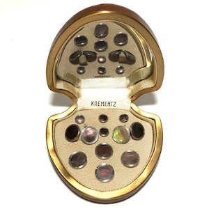 Krementz Art Deco Abalone with Platinum Inlay Rims and Gold Tuxedo Stud Set with Matching Cufflinks & Vest Studs in Original Box
