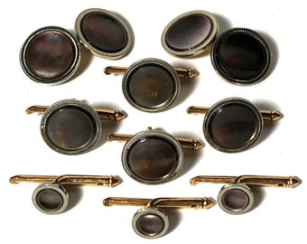 Larter Art Deco 10k Gold and Abalone with Platinum Inlay Rims Tuxedo Stud Set with Matching Cufflinks & Vest Studs in Gift Box