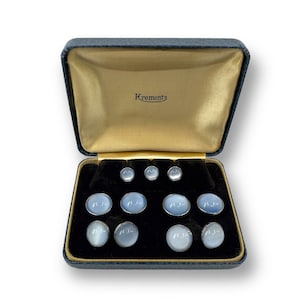 Krementz Art Deco Gold Filled & Art Glass Moonstones 3 Tuxedo Shirt Studs 4 Vest Studs with Matching Double Sided Cufflinks in Original Box
