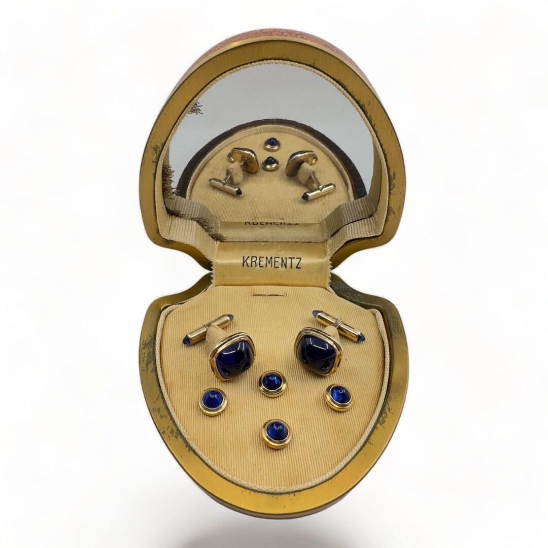 Krementz Art Deco 1930's Gold Plate and Blue Art Glass 4 Tuxedo Shirt