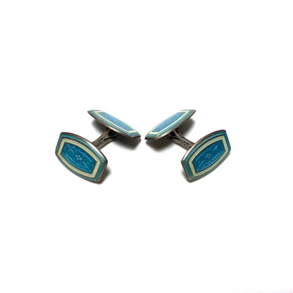 Boutons De Manchette Deakin & Francis – Émail Guilloché Bleu-vert Sur Argent 925 – Vintage, Poinçonné