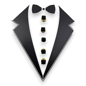 May include: A black tuxedo silhouette with five gold and black buttons down the front. The tuxedo has a bow tie at the top.