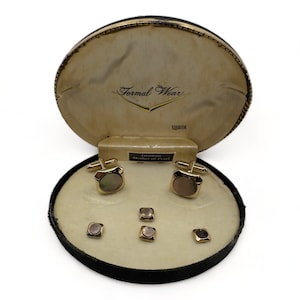 SWANK 1950&#39;s Gold-plated & Smoke Mother of Pearl 4 Tuxedo Shirt Studs with Matching Cufflinks In Original Presentation Box Formal Wear