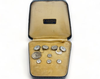 Larter Gold Filled and Mother of Pearl & Pearl Center 4 Tuxedo Shirt Studswith Matching Double Sided Cufflink in Original Presentation Box