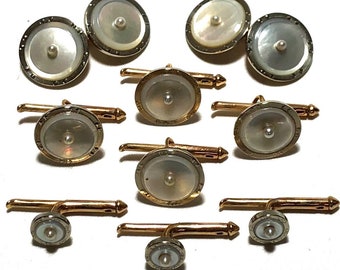 Larter Art Deco 10k Gold with Pearl and Mother Of Pearl with Platinum Inlay Rims Stud Set with Matching Cufflinks & Vest Studs in Gift Box