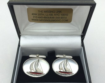 Vintage Sterling Silver Sailboat Cufflinks, Reverse Carved Crystal with Box