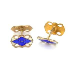 Retro 1940s Norwegian Gold Sterling Silver Blue White Enamel Cufflinks Scandinavian Art Deco Wedding Men Gifts Fathers European Jewelry