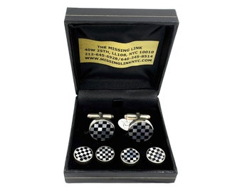 Sterling Silver Tuxedo Set, Mother of Pearl & Onyx Mosaic Cufflinks