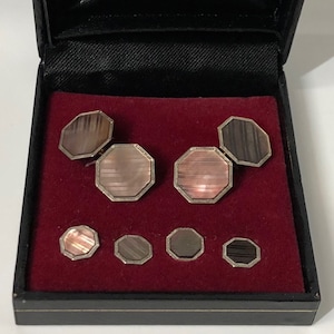 1940s SWANK Gold Plated Abalone Iridescent Art Deco Cufflinks Stud Set Men&#39;s Jewelry Accessories Gifts Holidays Weddings Tuxedo Fashion