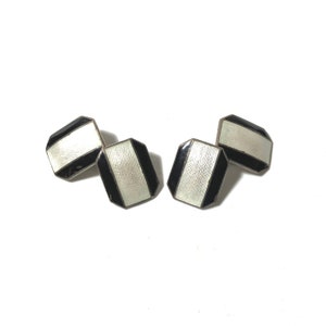 Art Deco Sterling Silver with White and Black Enamel Double Sided Cufflinks with Gift Box, Men&#39;s Accessories, Weddings, Fathers Day
