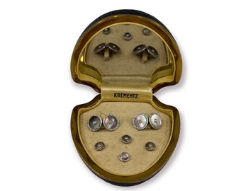 Krementz Art Deco 1930's Gold Filled with Pearl and Abalone 4 Tuxedo Shirt Studs and 4 Vest Studs with Matching Cufflinks in Original Box