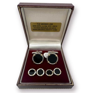 Mid-Century Sterling Silver and 14k Gold & Onyx Cufflinks with Matching Tuxedo Studs Complete 6pc Set Groomsmen Formal Wedding Gifts