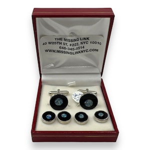 Vintage 1980s Sterling Silver and Onyx Round Mosaic Cufflinks with Matching 4 Tuxedo Shirt Studs Complete Set Groomsmen Formal Wedding Gifts