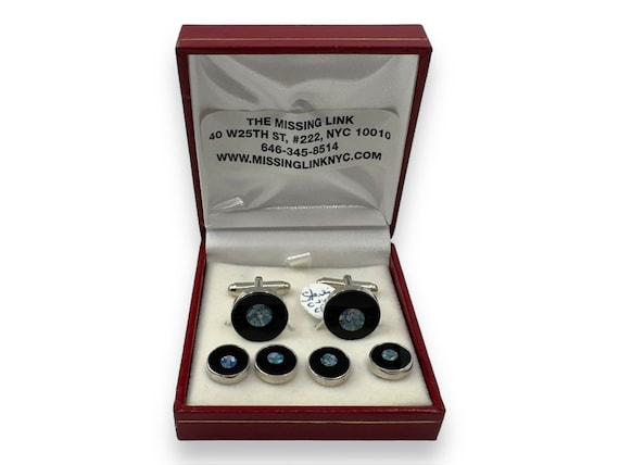 Vintage 1980s Sterling Silver and Onyx Round Mosaic Cufflinks With
