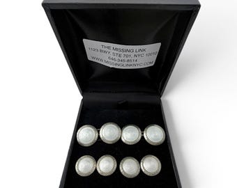 1920's Art Deco White Enamel Sterling Silver Guilloche 4 Tuxedo Shirt Stud Set with Matching Double-sided Cufflinks in Box