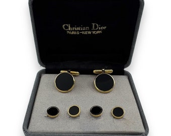 Christian Dior 1960's Gold Plate & Onyx 4 Tuxedo Shirt Studs With