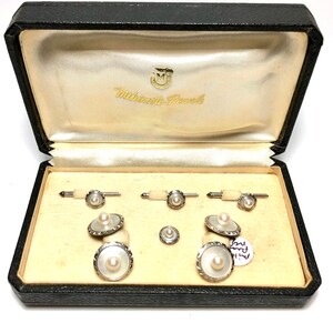 Mikimoto Art Deco Silver & Mother of Pearl 4 Tuxedo Pearl Shirt Stud con gemelos de doble cara a juego en caja de presentación original