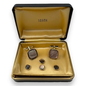 SWANK 1950&#39;s Gold-plated & Smoke Mother of Pearl 4 Tuxedo Shirt Studs with Matching Cufflinks In Original Presentation Box Formal Wear