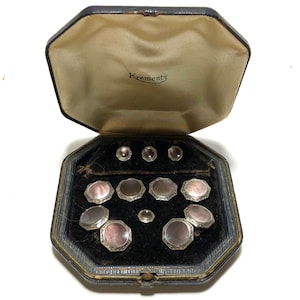 Art Deco Krementz Gold and Abalone with Platinum Inlay Rims Tuxedo Stud Set with Matching Cufflinks & Vest Studs in Original Box