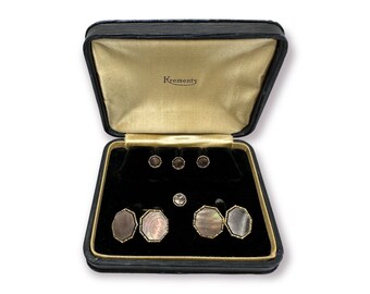 Krementz Art Deco 1930's Gold Filled & Abalone 4 Tuxedo Shirt Studs with Matching Double Sided Cufflinks in Original Box Wedding Gifts